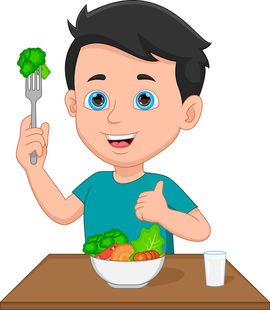 小さな男の子が野菜を食べてミルクの漫画を飲んで - ベクター画像