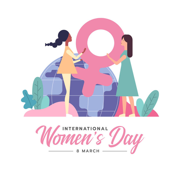 Día internacional de la mujer dos mujeres que levantan un símbolo femenino en el diseño de vectores de fondo globle - Vector, imagen