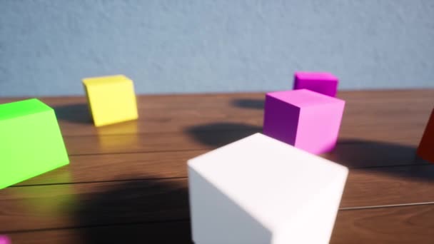 Gekleurde kinderen kubussen voor spel Onderwijs concept Opblaasbaar speelgoed Top view - Video