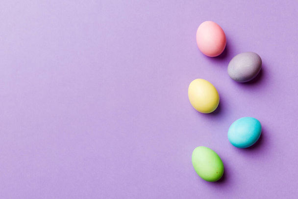 holiday preparation Multi colors Easter eggs on colored background . Pastel color Easter eggs. holiday concept with copy space. - 写真・画像