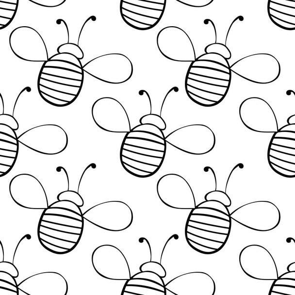 Wektor bezszwowy wzór czarnego zarysu tłuszczu małe pszczółki w stylu doodle. Słodki kreskówkowy miód owady. Tło i faktura na temat natury, wiosna, lato, druk dla dzieci, izolowane - Wektor, obraz