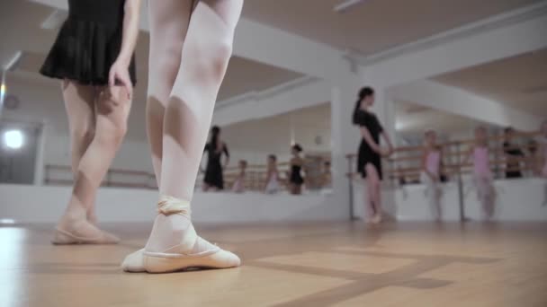 バレエトレーニング-ミラースタジオでの女の子のトレーニングバレエのグループ - 映像、動画