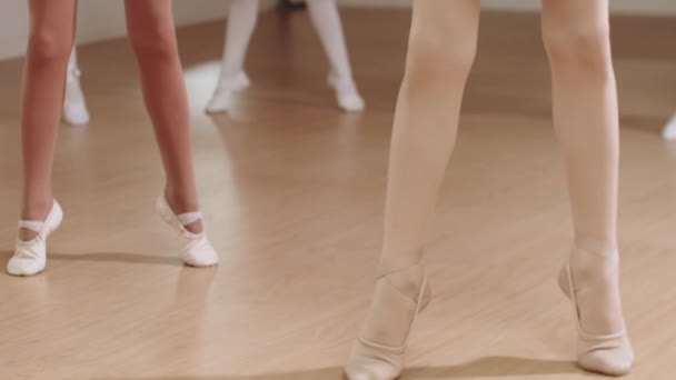 Entrenamiento de ballet - pequeñas bailarinas practicando sus pointe stands - Metraje, vídeo
