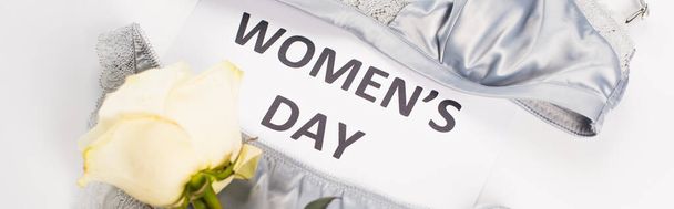 Top view of lingerie near card with womens day lettering and rose on white background, banner  - Fotoğraf, Görsel