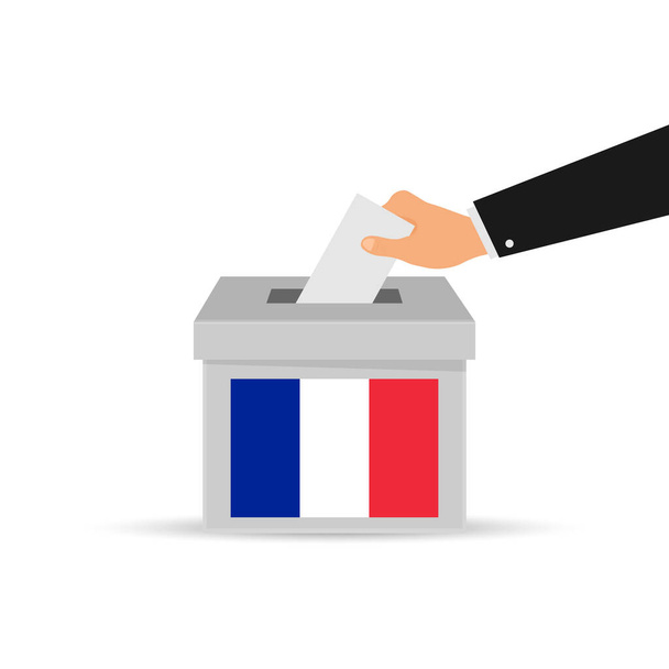 Концепция голосования во Франции. Рука кладет бумагу в урну для голосования. Изолированная векторная иллюстрация. - Вектор,изображение