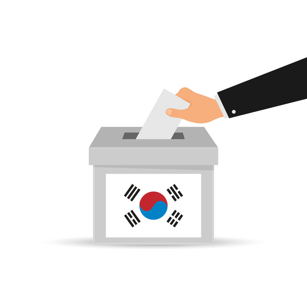 Концепция голосования Южной Кореи. Рука кладет бумагу в урну для голосования. Изолированная векторная иллюстрация. - Вектор,изображение