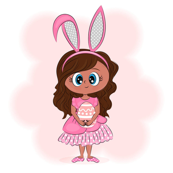 Una bambina con le orecchie da coniglietto tiene in mano un uovo di Pasqua, una stampa su tessuti, sull'involucro regalo, sul disegno di cartoline, - Vettoriali, immagini