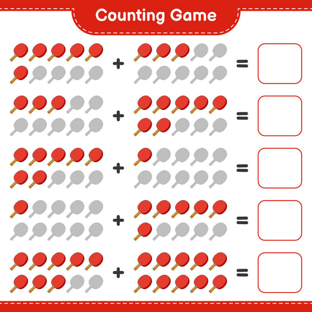 Conte e combine, conte o número de raquete de pingue-pongue e combine com os números certos. Jogo de crianças educativas, planilha imprimível, ilustração vetorial - Vetor, Imagem