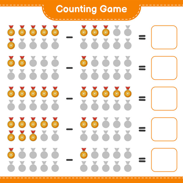 Számolj és egyezz, számold meg a trófeák számát és egyezz a megfelelő számokkal. Oktatási gyermek játék, nyomtatható munkalap, vektor illusztráció - Vektor, kép