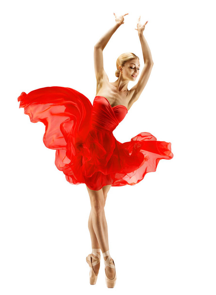 Ballerina dancing in Red Tutu Dress over White. Ballet Dancer Silhouette in Flying Chiffon Skirt over White Studio Background. Girl Balance in Ballerina Shoes - Zdjęcie, obraz