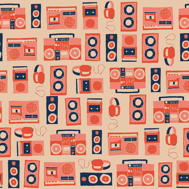Vector 70er Jahre 80er Jahre Retro-Kassettenspieler, Lautsprecher, Boombox und Kopfhörer nahtlos wiederholen Muster Hintergrund. Perfekt für Stoffe, Tapeten, Packpapier, Scrapbooking-Projekte. - Vektor, Bild