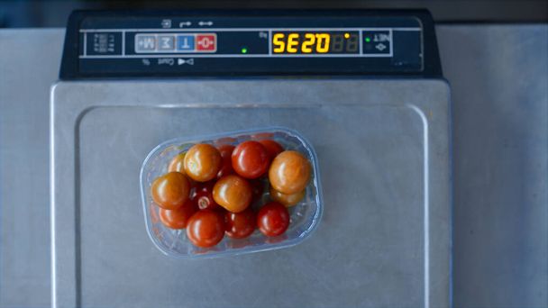 Desconocido trabajador ponderación tomates embalaje rojo orgánico natural verduras caja - Foto, imagen