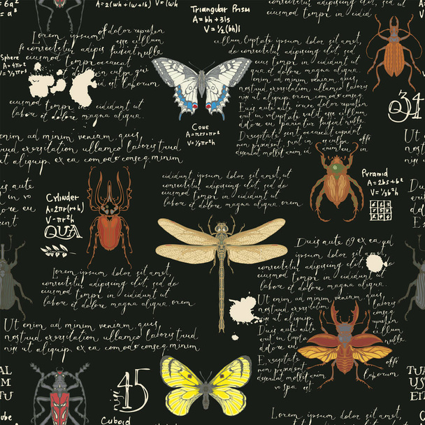 Seamless pattern with handwritten text Lorem Ipsum and various insects. Colored hand-drawn butterflies, beetles, dragonfly on a black. Vector background, wallpaper, wrapping paper or fabric design - Вектор, зображення