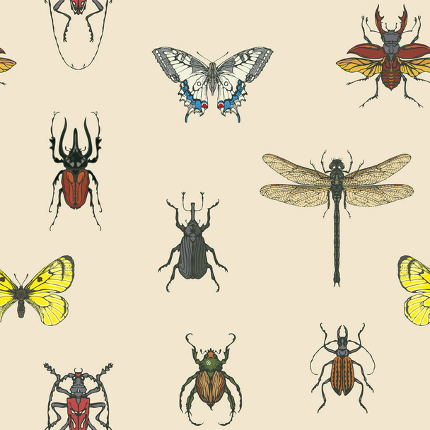 Hand-drawn seamless pattern with various insects. Colored vector background with butterflies, beetles, dragonfly on an old paper backdrop. Suitable for wallpaper, wrapping paper or fabric design - Vector, afbeelding