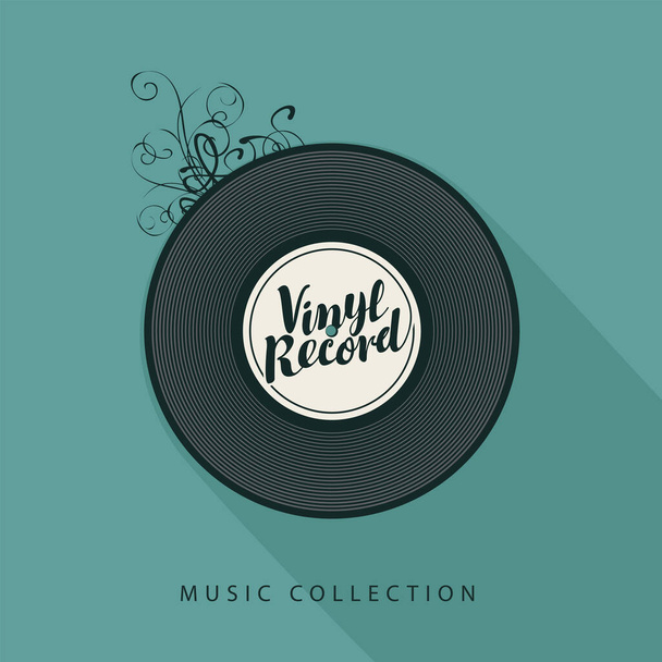 Vector music banner with black vinyl record and words Vinyl record, Music collection on a green backdrop. Suitable for poster, flyer, banner, invitation, cover, card, invitation in retro style - Wektor, obraz