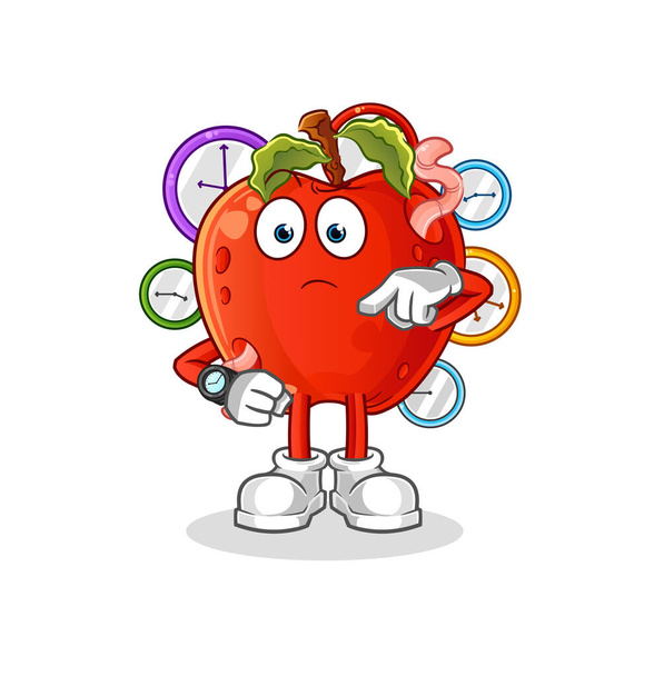 manzana con gusano con dibujos animados reloj de pulsera. vector mascota de dibujos animados - Vector, imagen