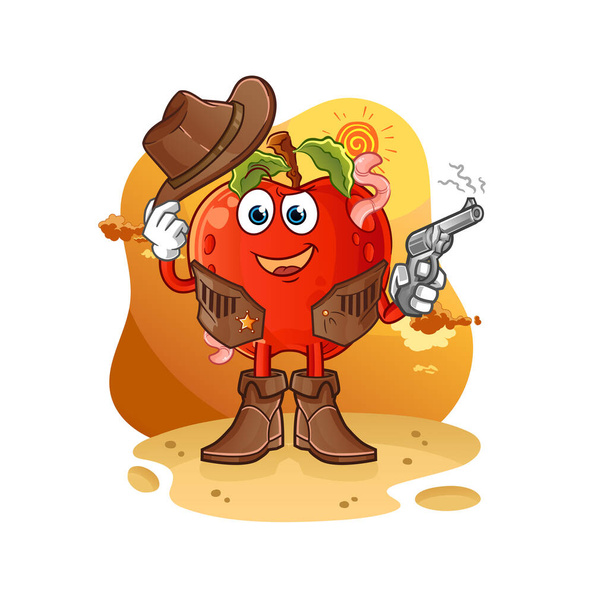 manzana con gusano vaquero con pistola carácter vector - Vector, imagen