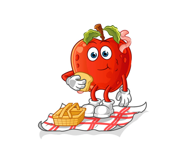 manzana con gusano en una caricatura de picnic. vector mascota de dibujos animados - Vector, imagen