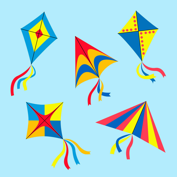 Set van verschillende geometrische vliegers. Prachtige kleurrijke apparaten gemaakt van papier en karton. Poster design concept voor Makar Sankranti vakantie. Vector illustratie in platte stijl - Vector, afbeelding