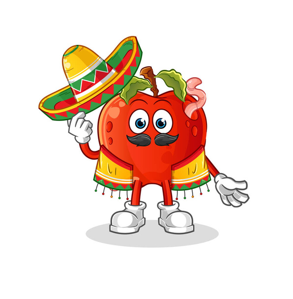 manzana con lombriz cultura mexicana y bandera. vector mascota de dibujos animados - Vector, imagen