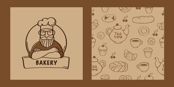 Chief cook symbol or logo. Seamless pattern for bakery, cafe, restaurant menu, textile, wallpapers, gift wrap and scrapbook. Vector illustration - Vetor, Imagem