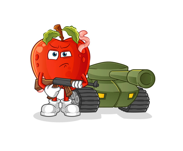 manzana con gusano soldado con carácter tanque. vector mascota de dibujos animados - Vector, imagen
