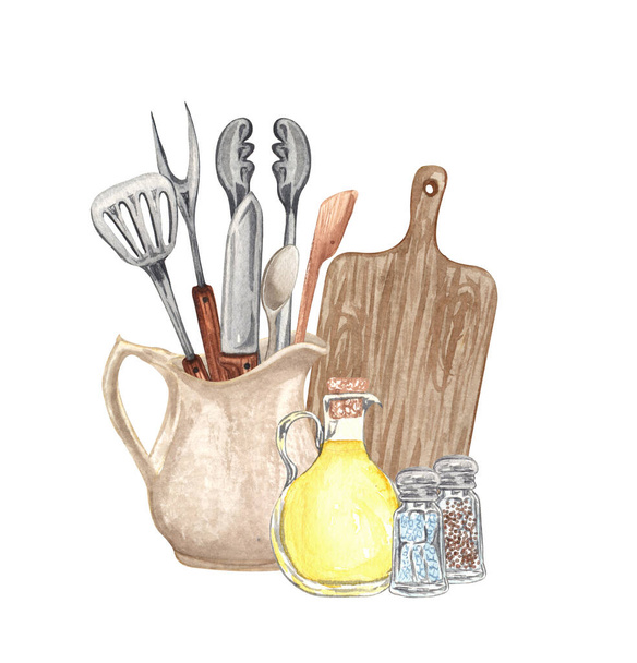 Watercolor kitchen utensils in a clay jag. Hand drawn Cooking clipart. Baking concept. Barbecue - Фото, изображение