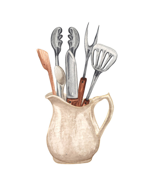 Watercolor kitchen utensils in a clay jag. Hand drawn Cooking clipart. Baking concept. Barbecue - Foto, Imagem