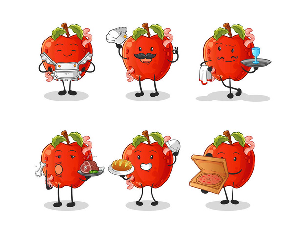 リンゴにワームレストラングループキャラクター。漫画マスコットベクトル - ベクター画像
