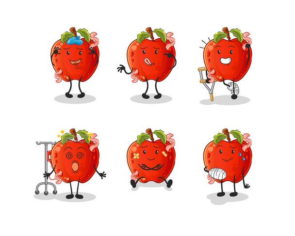 manzana con gusano carácter grupo enfermo. vector mascota de dibujos animados - Vector, imagen