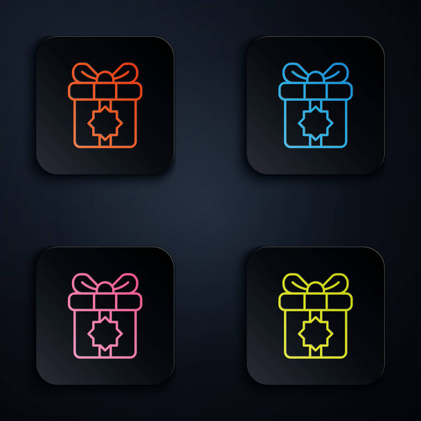 Kleur neon lijn Gift box pictogram geïsoleerd op zwarte achtergrond. Heilige maand, Ramadan, kerstcadeautjes, verjaardag, Valentijn. Stel pictogrammen in vierkante knoppen. Vector - Vector, afbeelding