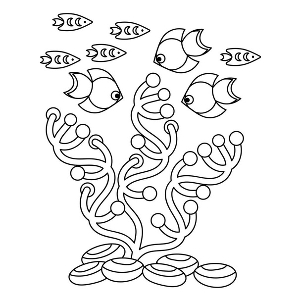 Книга-раскраска для детей, Под водой, Морской векторный мотив. Дудл подводного мира, моря, океана, реки. Рыбы и растения, Монохром. Аквариумы. - Вектор,изображение