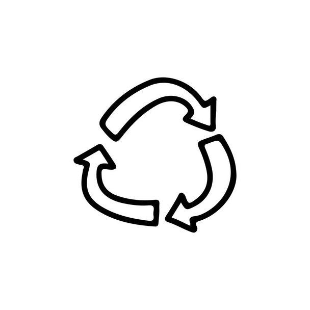 Tres flechas circulares verdes en forma de triángulo, concepto de reciclaje de residuos y reutilización. Salva la naturaleza. Cero residuos. Blanco y negro dibujado a mano vector aislado icono de la ilustración doodle - Vector, imagen