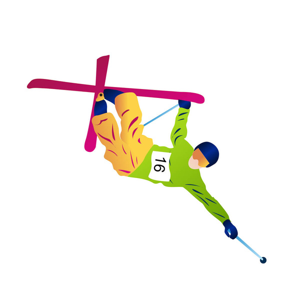 Карикатура на абстрактного человека, прыгающего с трамплина на синем фоне. Прыжки с трамплина, Freeski Big Air, Freeski Halfpipe - Вектор,изображение