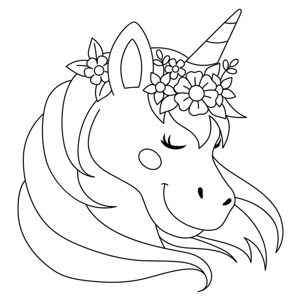 Unicorno che indossa una corona di fiori da colorare  - Vettoriali, immagini