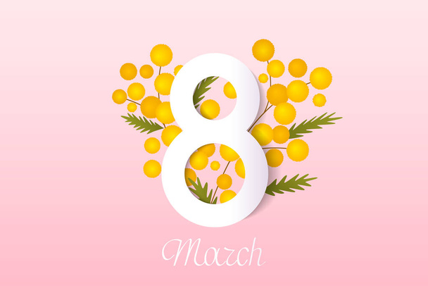 Bandera para el Día Internacional de la Mujer. Volante para el 8 de marzo con un ramo de mimosa. Invitaciones con número 8 en estilo de corte de papel. ilustración vectorial - Vector, Imagen