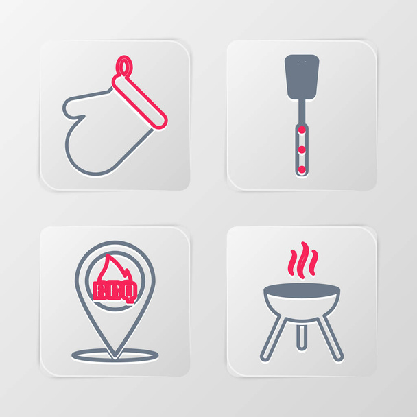 Set line Barbecue grill, Location with barbecue, spatula and Oven glove icon. Vector - Вектор, зображення