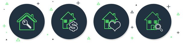 Definir linha Casa com dólar, forma de coração, chave e ícone da casa de pesquisa. Vetor - Vetor, Imagem