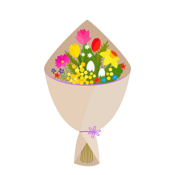 egy nagy csokor virág tulipánból, nárciszból, mimózából, ibolyából, kézműves papírba csomagolva. vektor illusztráció elszigetelt fehér háttér - Vektor, kép