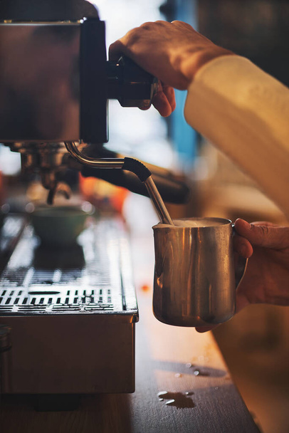 Barista Coffee Maker Machine. Small business cafe and restaurant owner and part time job working concept. Focus selection point . - Foto, imagen