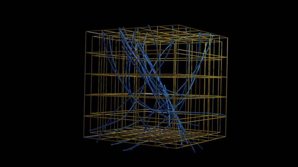3d illusztráció - görbe vonalak körül belül egy négyzet alakú drót keret - Fotó, kép