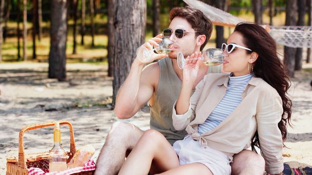 Bruna coppia in occhiali da sole bere vino vicino cestino da picnic sulla spiaggia  - Foto, immagini
