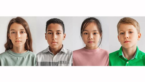 Joukko neljä muotokuvaa, joissa on monirotuinen esiteini-ikäinen lapsi, valkoinen tausta - Valokuva, kuva