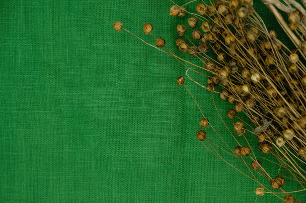 Λιναρόσποροι ή σπόροι λιναριού σε πράσινο λινό καμβά. Αντιγραφή χώρου. - Φωτογραφία, εικόνα