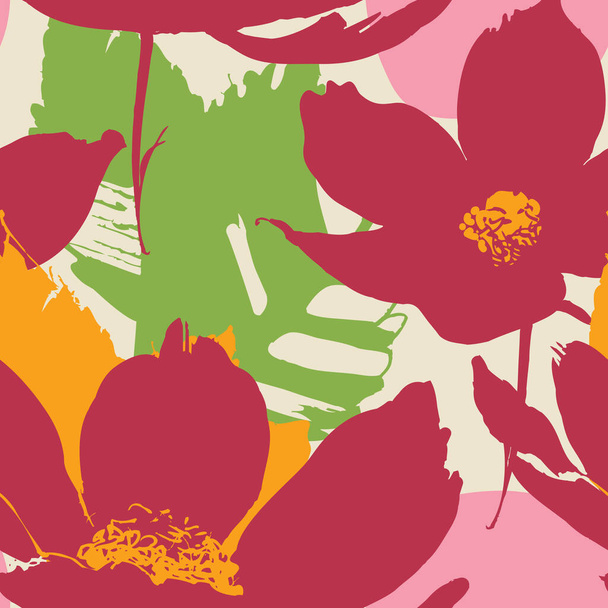 Red flowers and leaf seamless pattern vector illustration - Vetor, Imagem