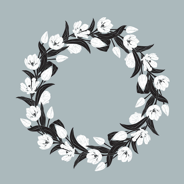 Black and white tulip flowers silhouettes wreath isolated on gray - Διάνυσμα, εικόνα