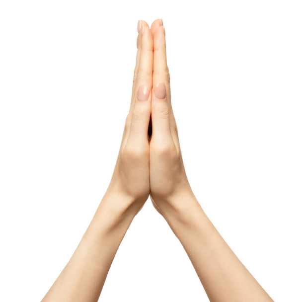 Ruce složené v namastové modlitbě izolované na bílém. Ženské ruce modlit ukazují naději a náboženství. Indické nebo jóga gesto prsty. - Fotografie, Obrázek