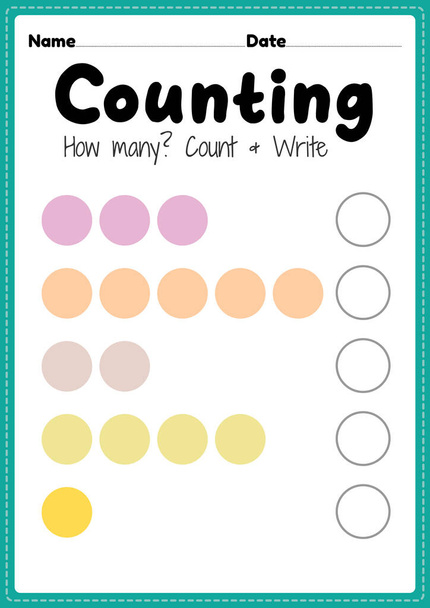 Counting worksheet, math printable sheet for preschool and kindergarten kids activity to learn basic mathematics count and write skills. - Photo, Image