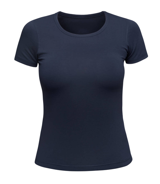 Donkerblauwe T-shirt mockup vrouwen geïsoleerd op wit. Female Tee Shirt leeg als design sjabloon. Vooraanzicht - Foto, afbeelding