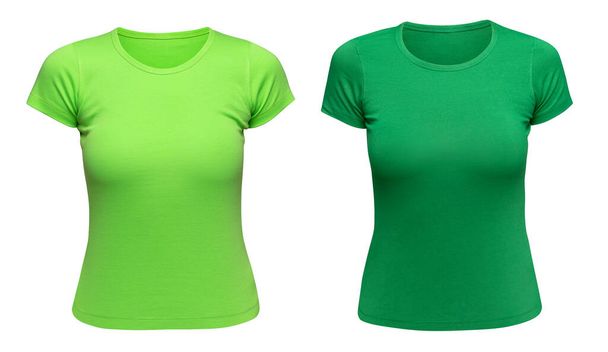 Tričko zelené ženy maketa jako šablona designu. Ženské Tee Shirt prázdné izolované na bílém. Pohled zepředu. - Fotografie, Obrázek